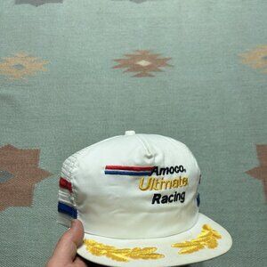 Vintage 80s trucker hat mesh cap Amoco racing 3 three stripe red white blue USA